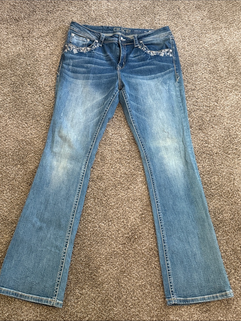 Grace in LA Light Blue Flare Jeans with Embellished Pockets